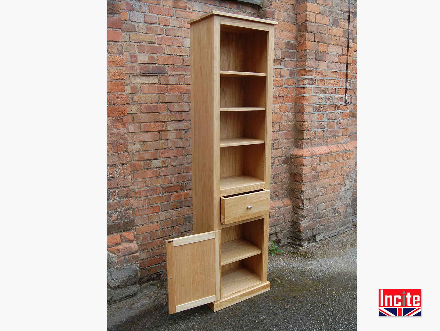 Bespoke America Oak Tall Slim Bookcase Storage Cupboard.